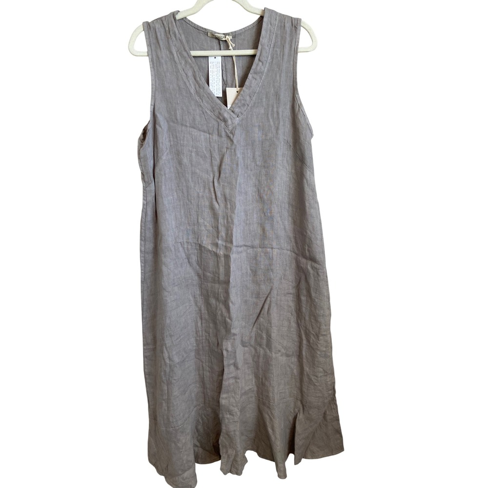 Francesca Bettini Italy Linen V-Neck Ruffle Midi Dress Fango Grey L